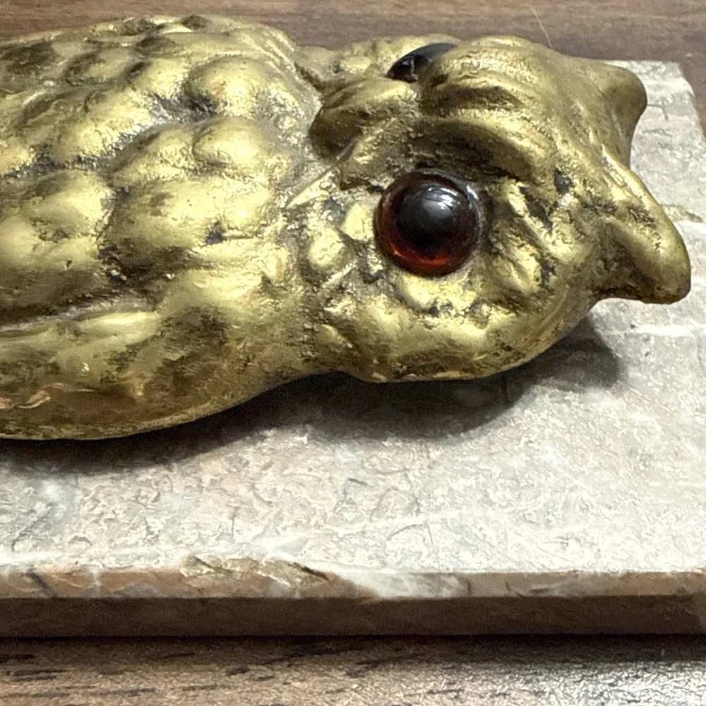 Antique OWL Figural Brass & Marble Desktop Paper Holder Paperclip Vintage Unique